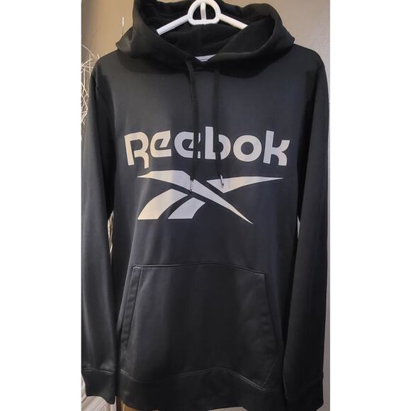 Reebok Hoodie Men Size M Black Spell Out Logo Pocket Polyester Pullover - Picture 2 of 5